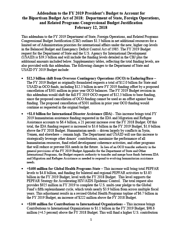 Addendum to the FY 2019 President’s Budget to Account for the Bipartisan Budget Act of 2018