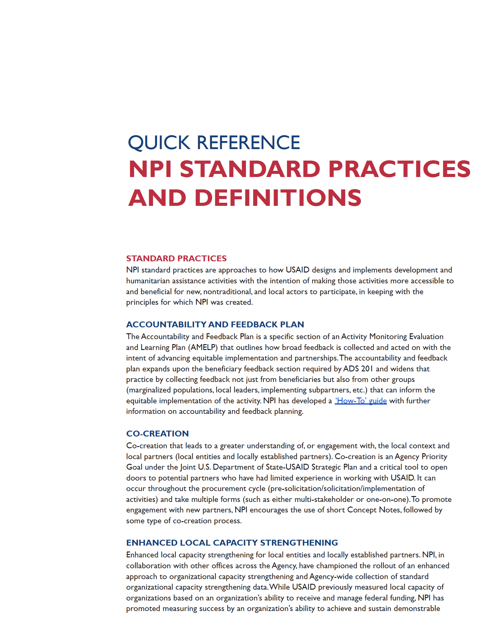 Quick Reference NPI Standard Practices and Definitions