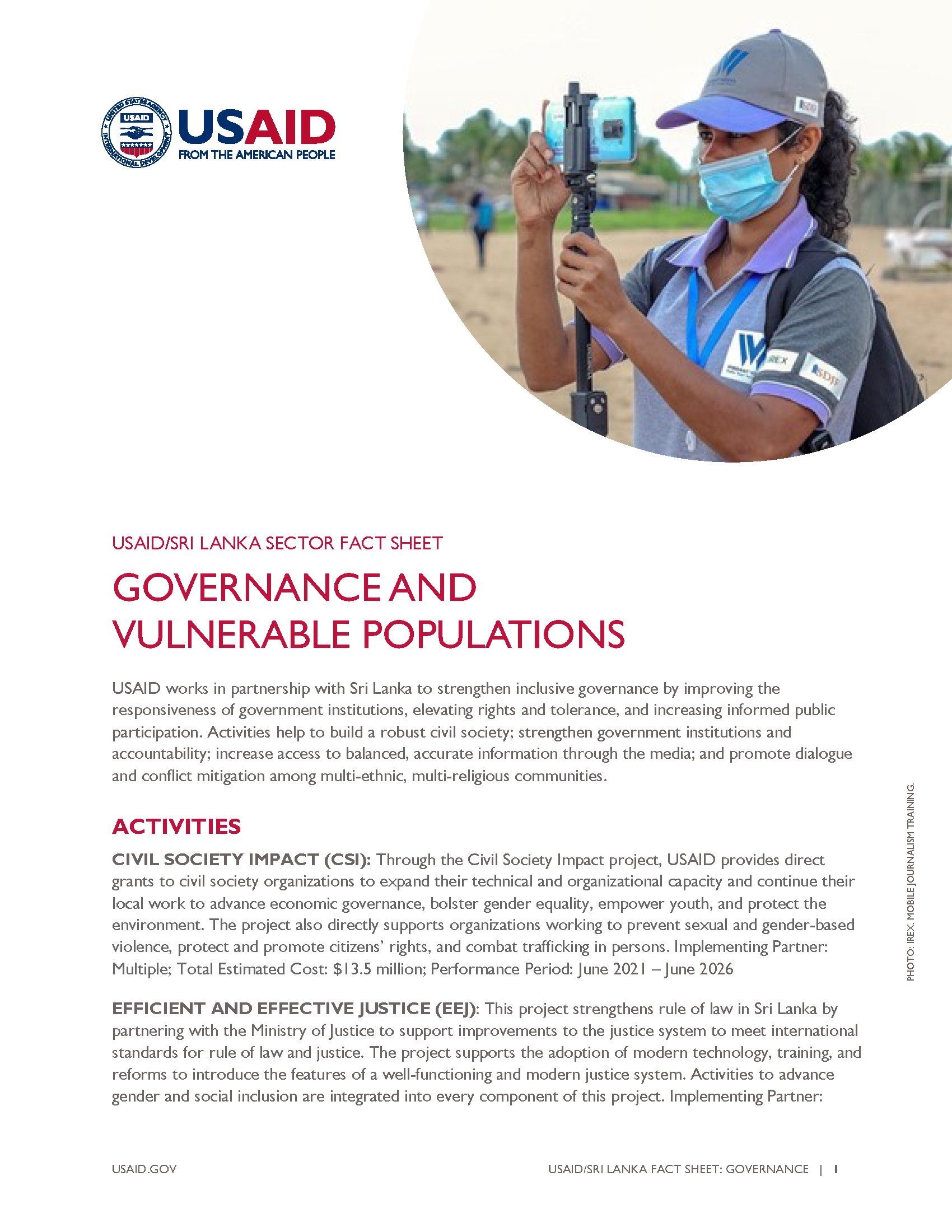 USAID/Sri Lanka Sector Fact Sheet: Governance and Vulnerable Populations