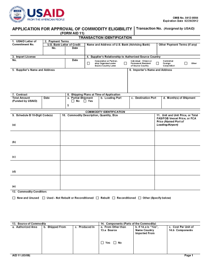 AID 11 (Application for Approval of Commodity Eligibility)