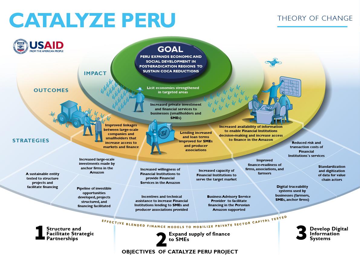 The below graphic describes CATALYZE Peru’s theory of change and the strategies it will use to achieve these results.