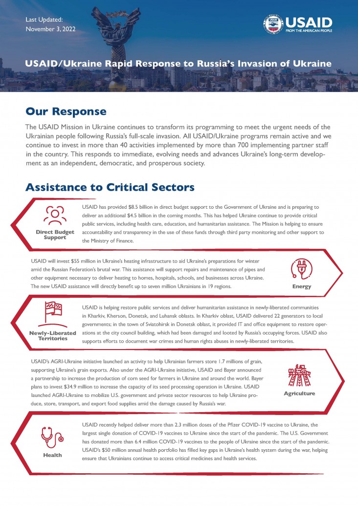 USAID/Ukraine Rapid Response Factsheet_November 3, 2022 cover page