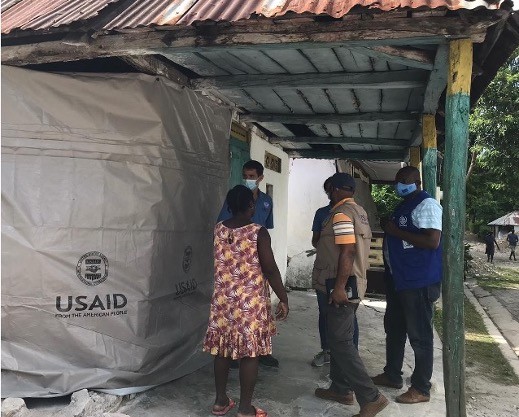 USAID Disaster Assistance Response Team (DART) members inspect shelter programming following the 2021 earthquake in Haiti.