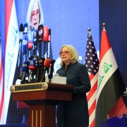 U.S. Ambassador to Iraq Alina L. Romanowski delivers remarks at the USAID Access to Finance Conference on June 29 in Baghdad